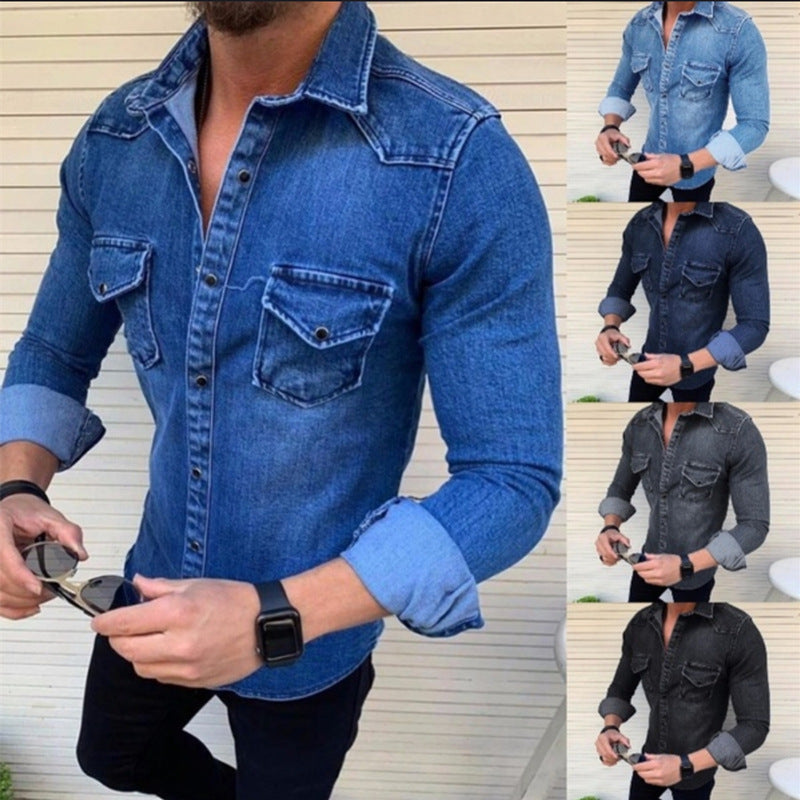 Men's Denim Style Turndown Long Sleeve Slim Men's Tops