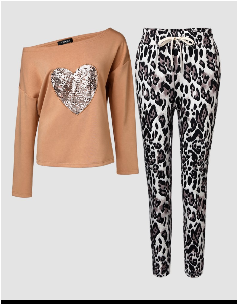 2 Piece Heart Leopard Print Tracksuits Set Skew Neck Long Sleeve Top Pants Sets with Pockets