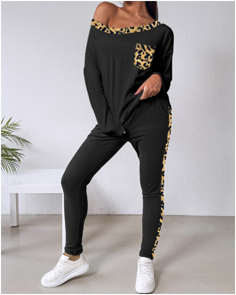 2 Piece Heart Leopard Print Tracksuits Set Skew Neck Long Sleeve Top Pants Sets with Pockets