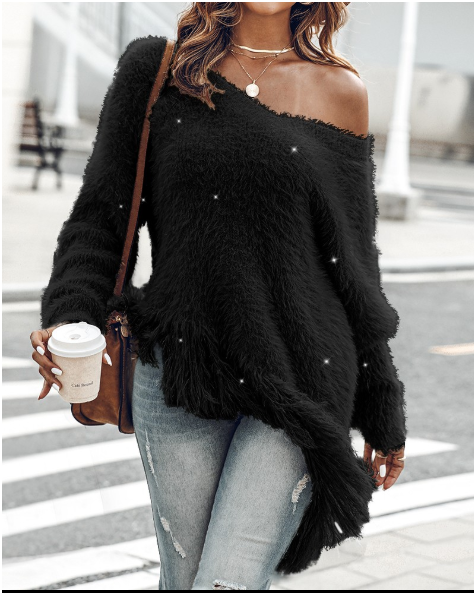 V-Neck Long Sleeve Sweater Fringe Pullover Casual Tassel Fall Winter Top