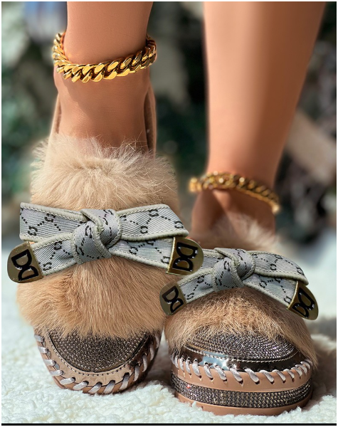 Rhinestone Bowknot Design Platform Fuzzy Slip-On Loafers