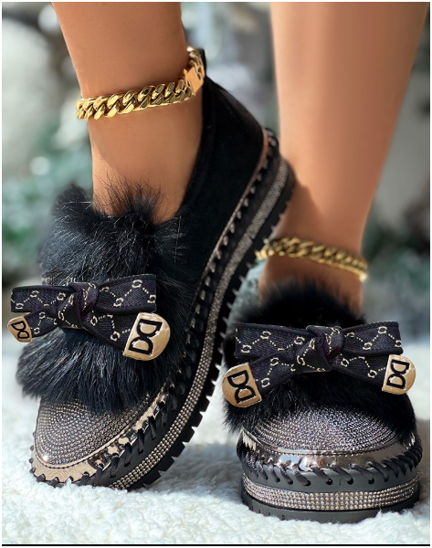 Rhinestone Bowknot Design Platform Fuzzy Slip-On Loafers