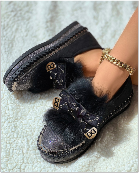 Rhinestone Bowknot Design Platform Fuzzy Slip-On Loafers