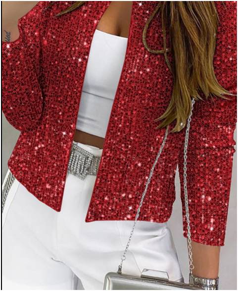 O-neck Long Sleeve Zip-up Sequin Jacket