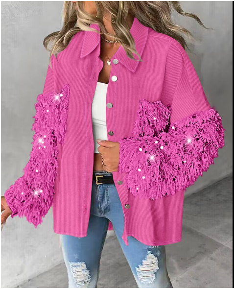 Contrast Sequin Tassel Design Fuzzy Patchwork Shacket