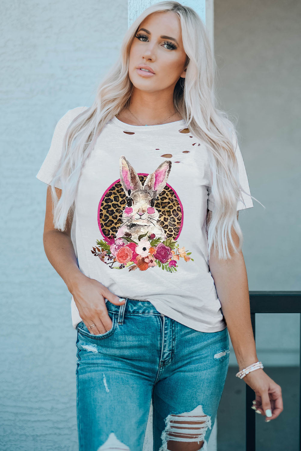 White Easter Bunny Floral Leopard Graphic Distressed T Shirt