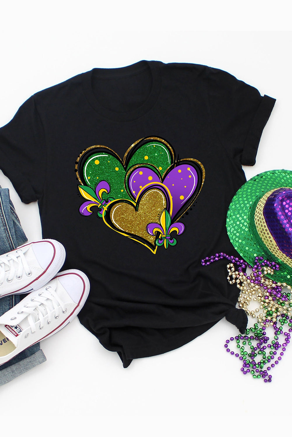 Black Fleur De Lis Heart Printed Mardi Gras T Shirt