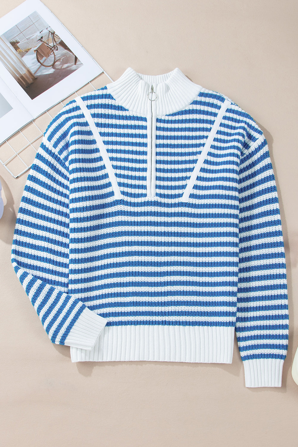 Pink Stripe Zip up Collar Drop Shoulder Sweater