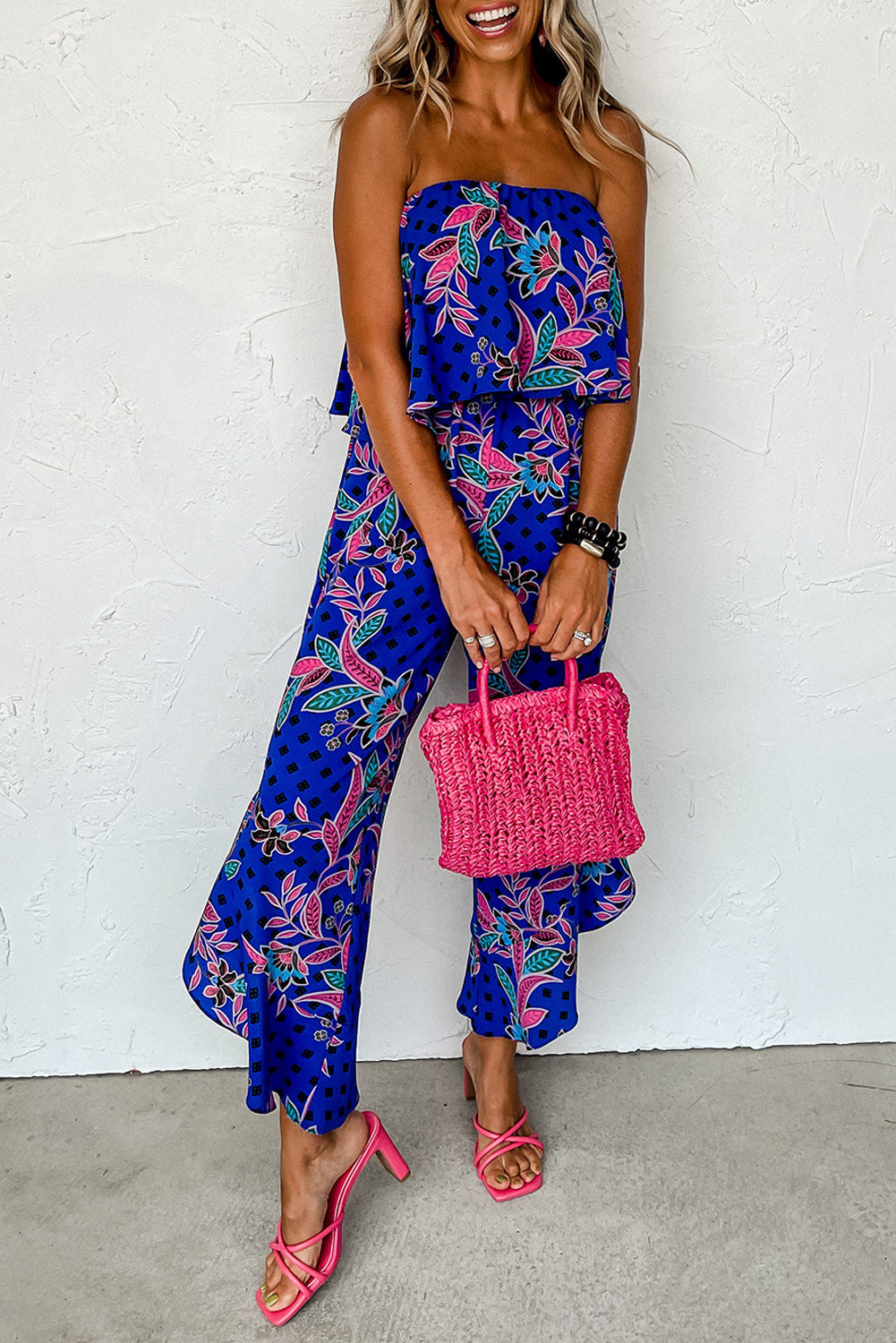 Green Mix Tropical Print Strapless Ruffled Jumpsuit