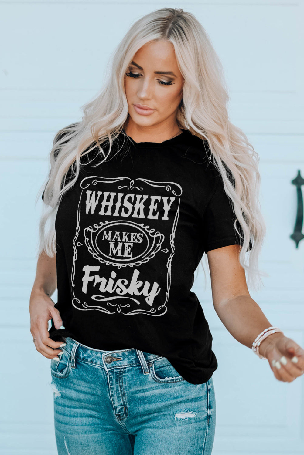 Black WHISKEY Makes Me Frisky Print Graphic Tee