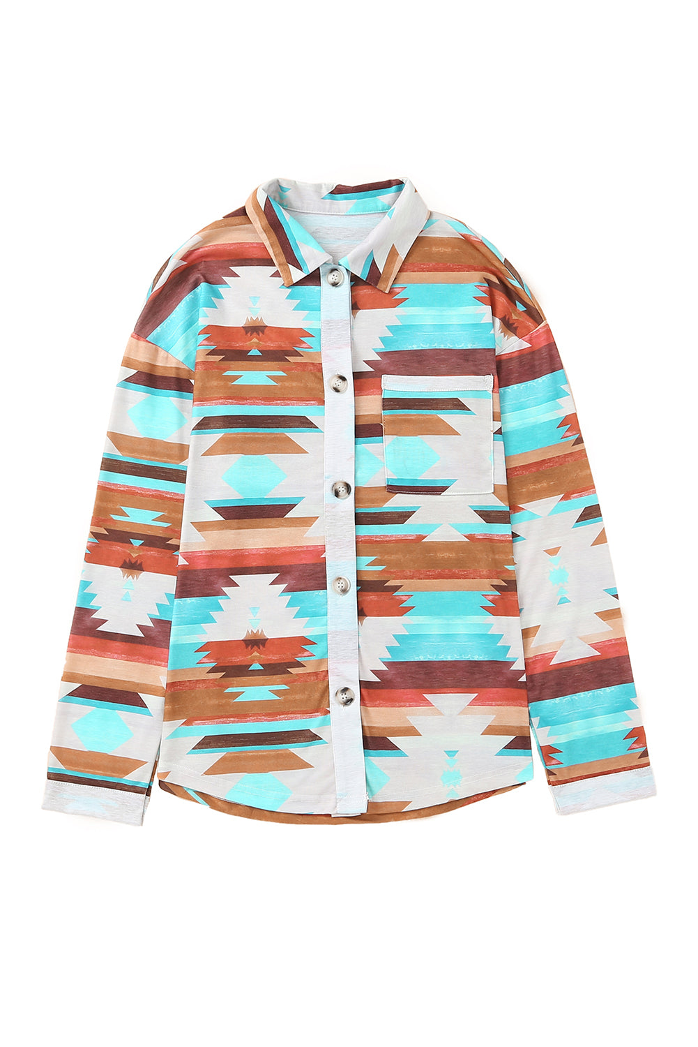 Multicolor Aztec Print Buttoned Pocket Chest Long Sleeve Shirt