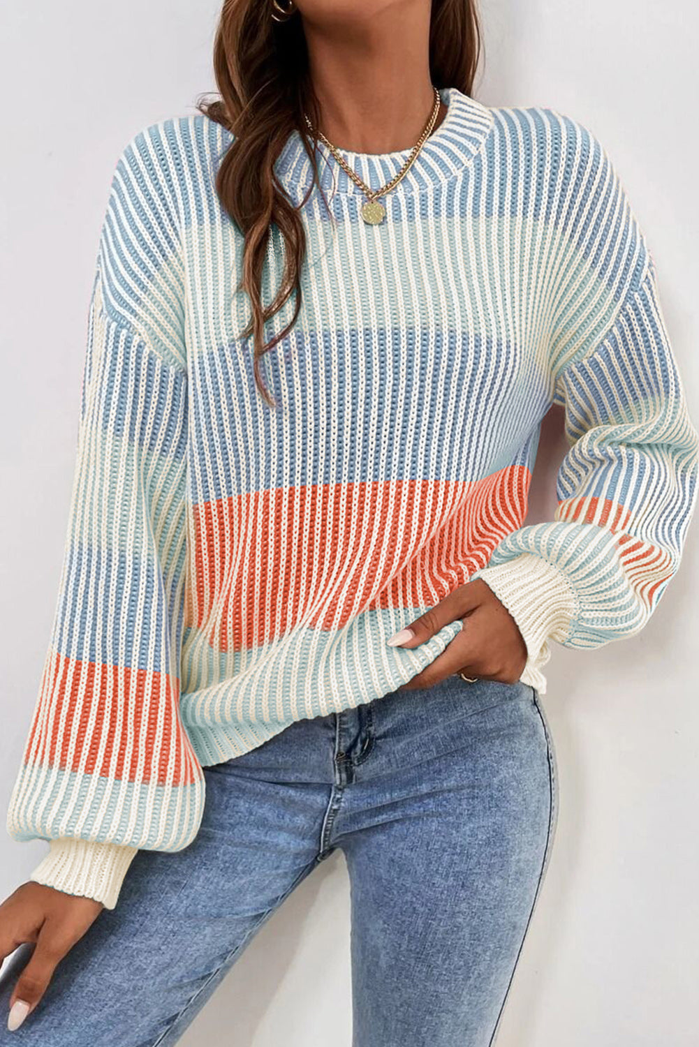 Pink Colorblock Textured Knit Bubble Sleeve Sweater