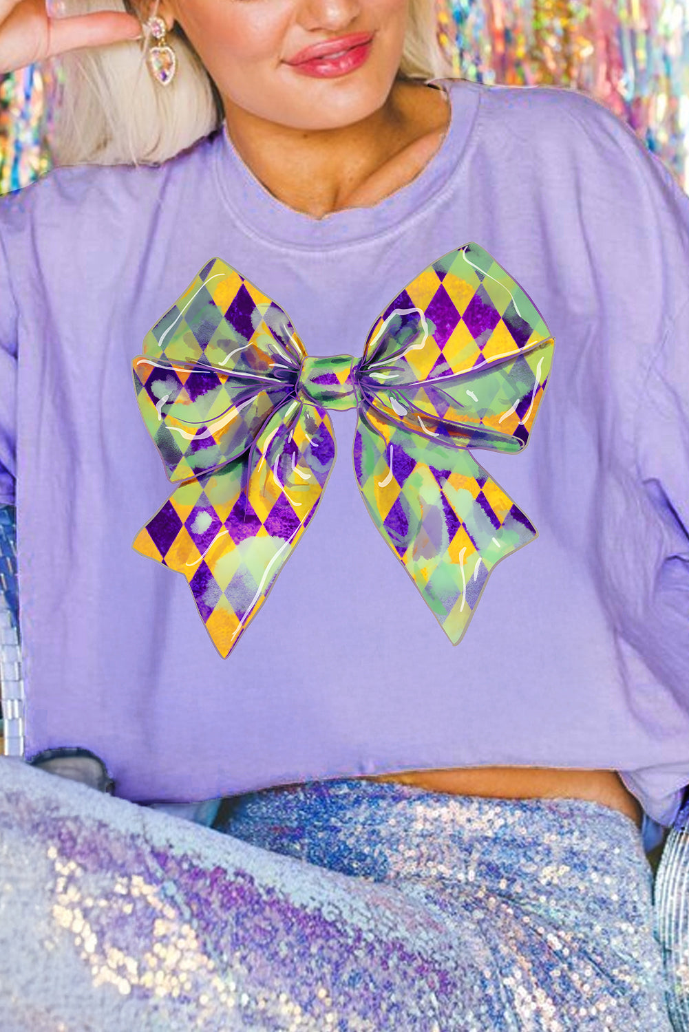 Wisteria Plaid Bow Mardi Gras Crewneck Tee