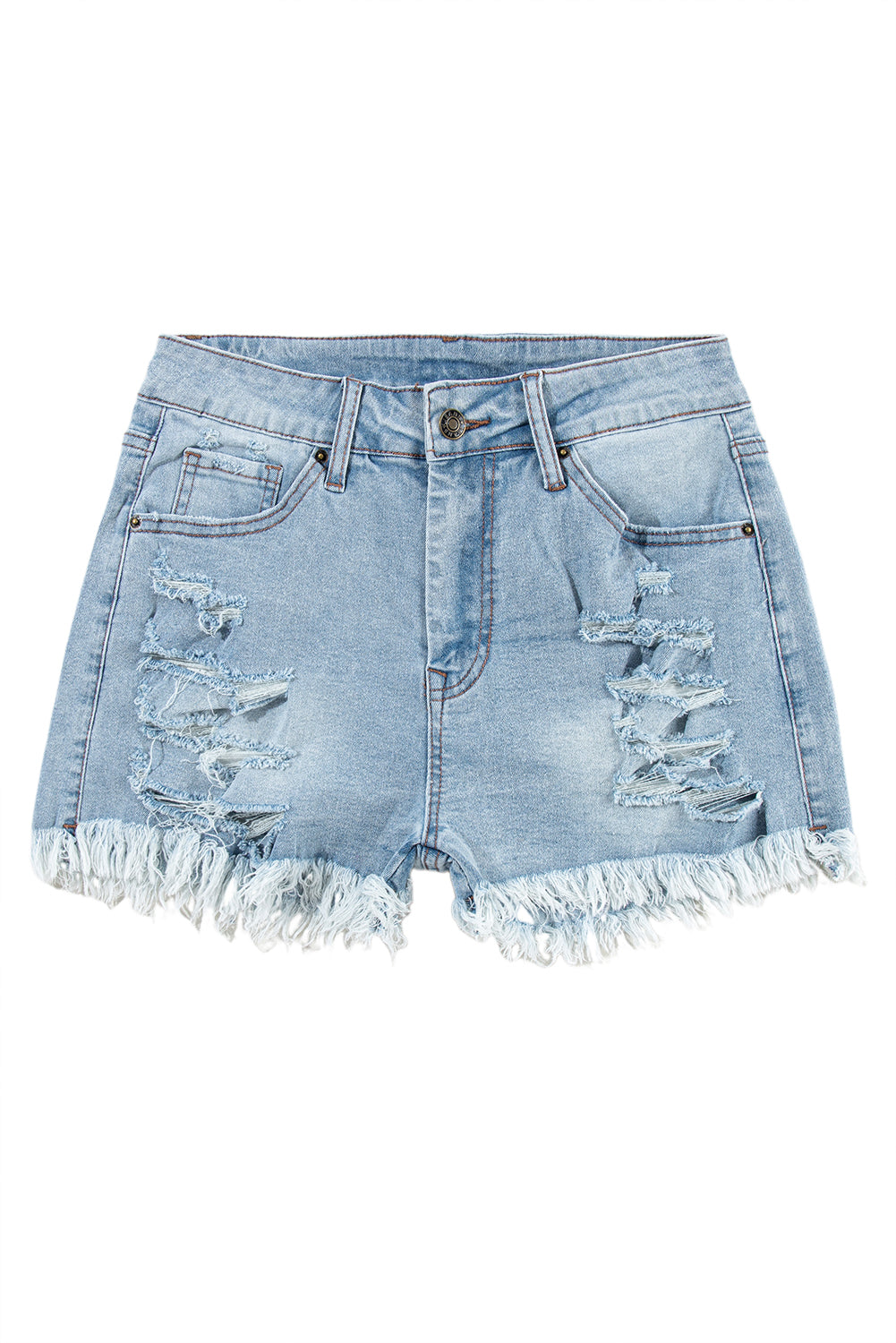 Light Blue Distressed Ripped Raw Hem High Waist Denim Shorts