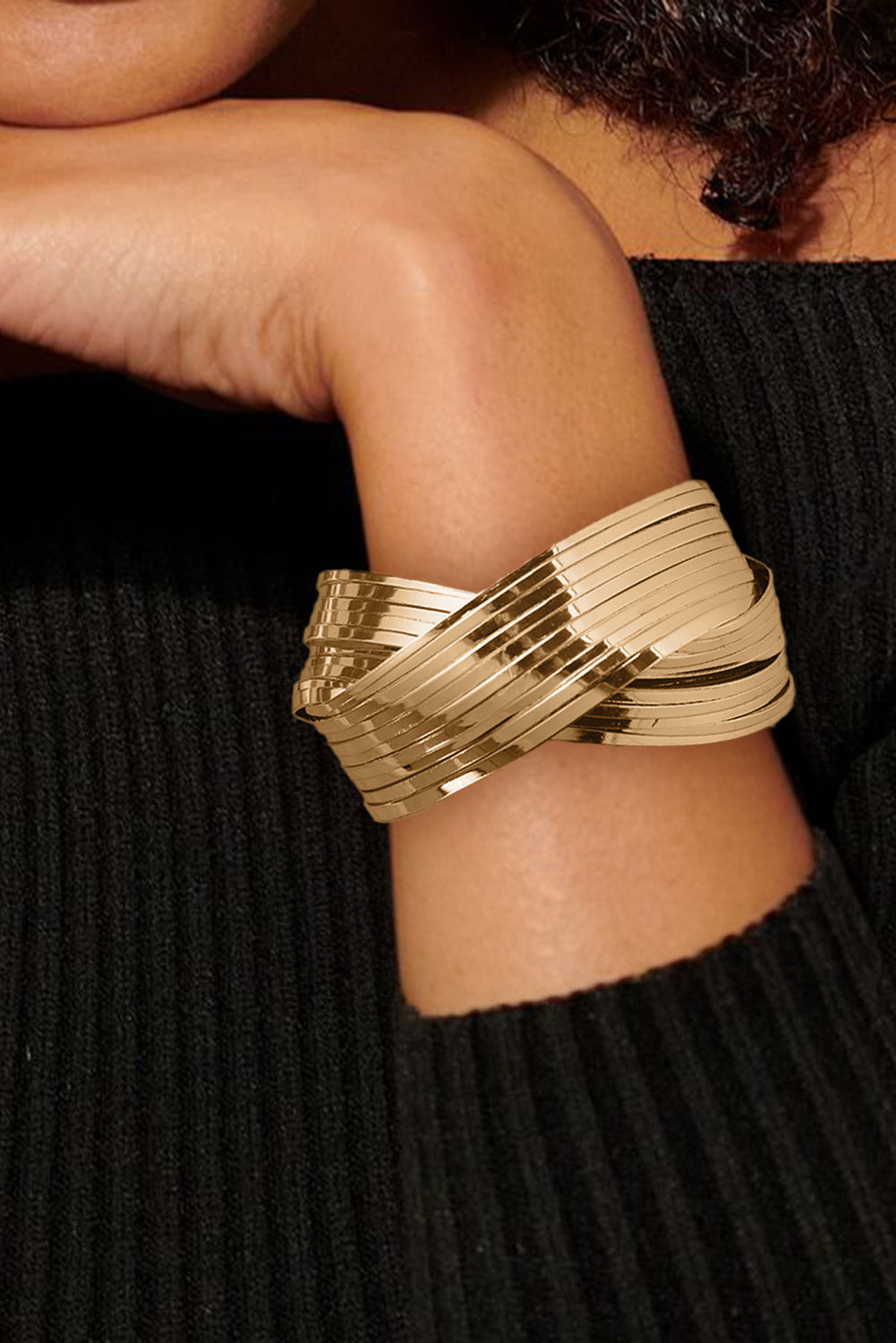 Gold Textured Crossover Metal Cuff Wide Bracelet