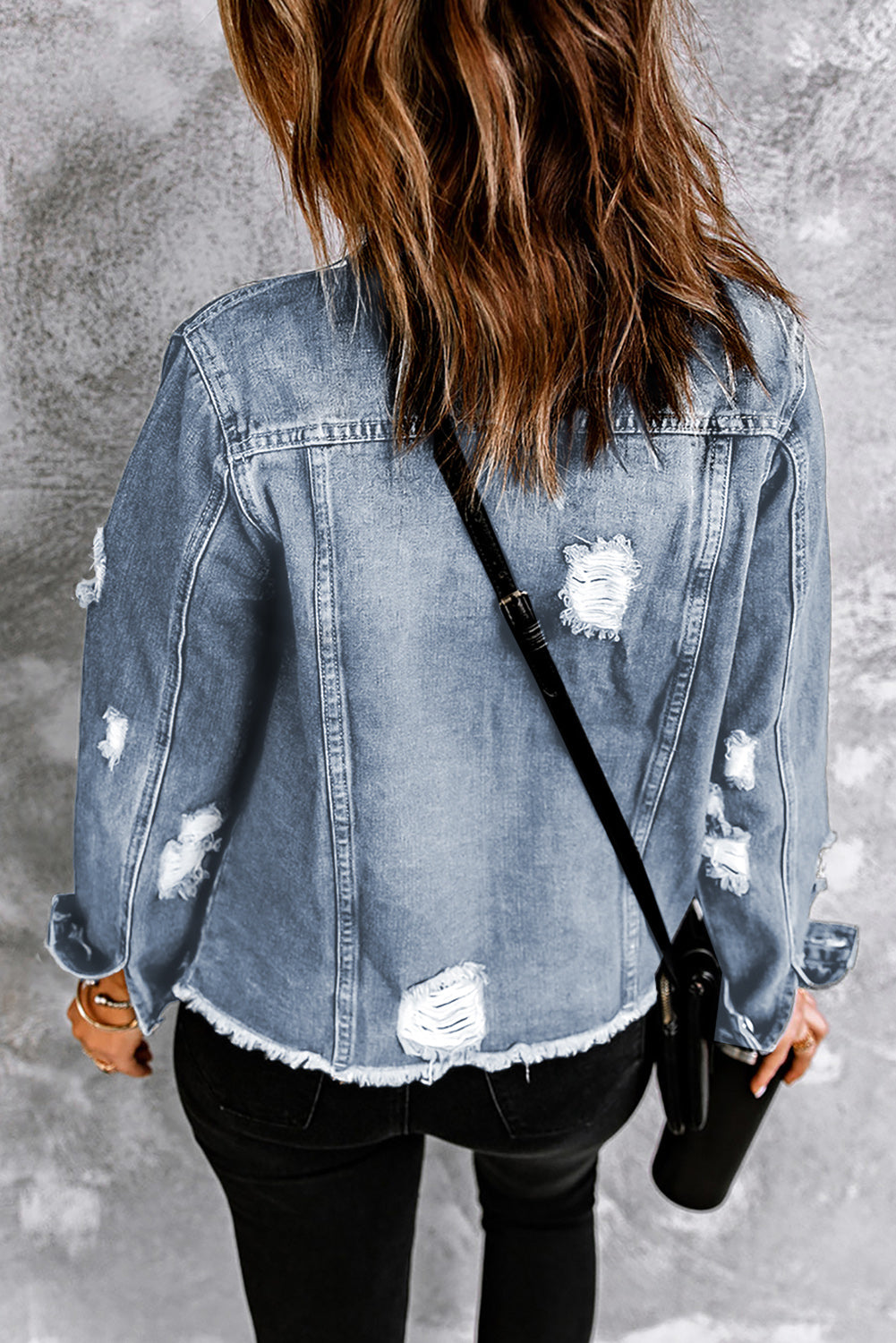 Sky Blue Lapel Distressed Raw Hem Buttons Denim Jacket