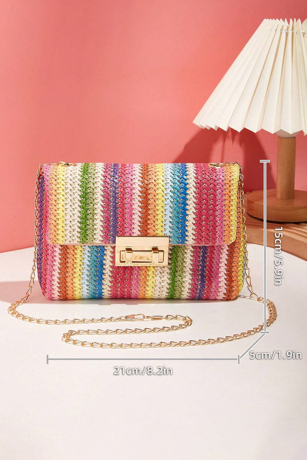 Strawberry Pink Bohemian Woven Gold Chain Shoulder Bag