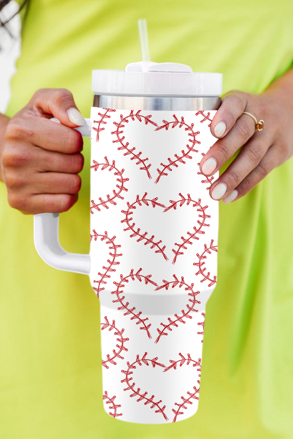 White Heart-shaped Baseball Stainless Thermos Cup with Handle 40oz