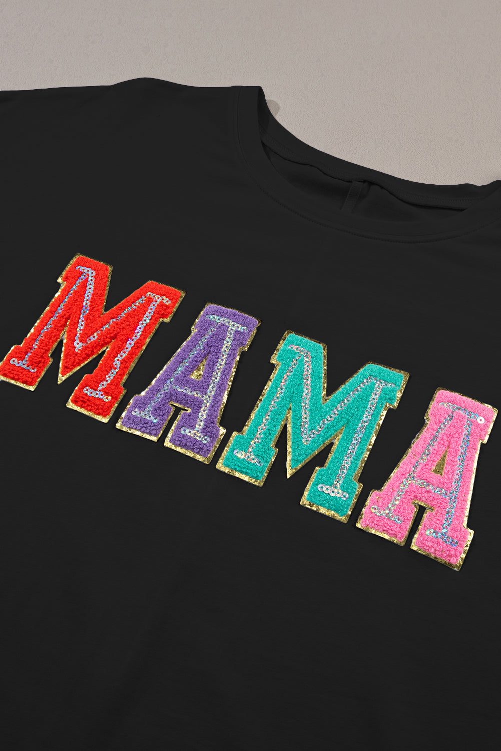 Black MAMA Chenille Patched Crew Neck T Shirt