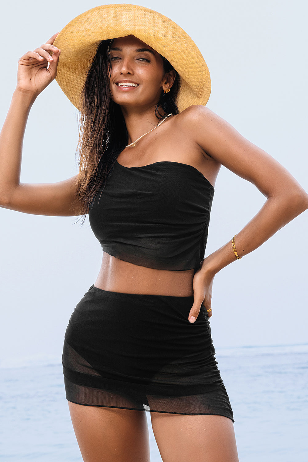 Black Ruched Mesh One Shoulder Bikini Top and Skirts Set