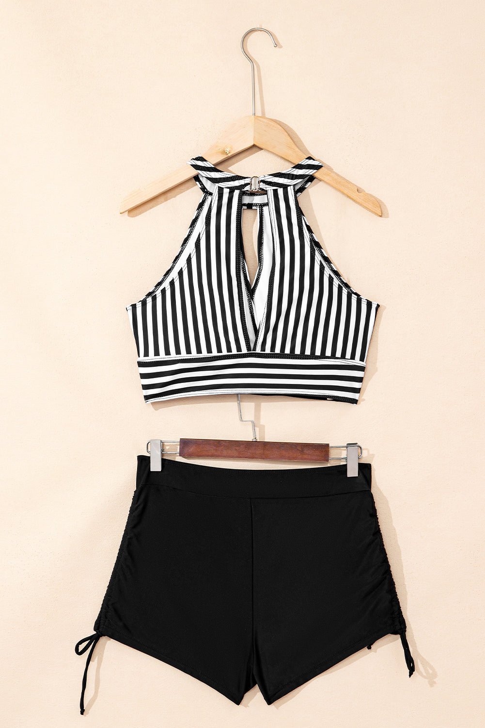 Black Striped Halter Top Drawstring Ruched High Waisted Bikini