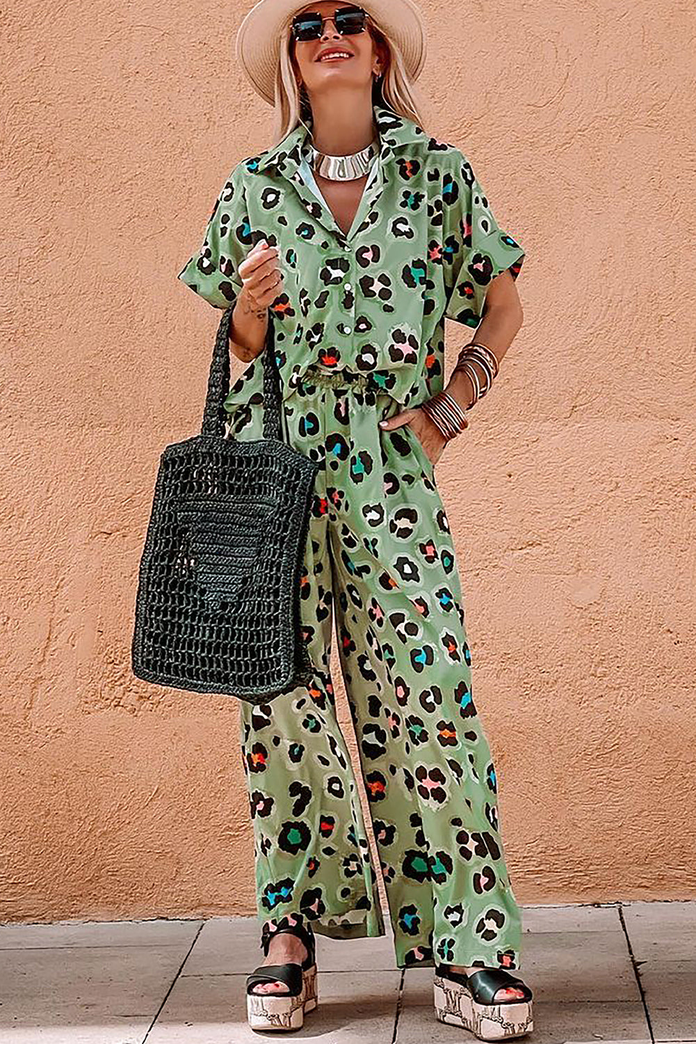 Green Leopard Print Short Sleeve Shirt and Wide Leg Pants Set