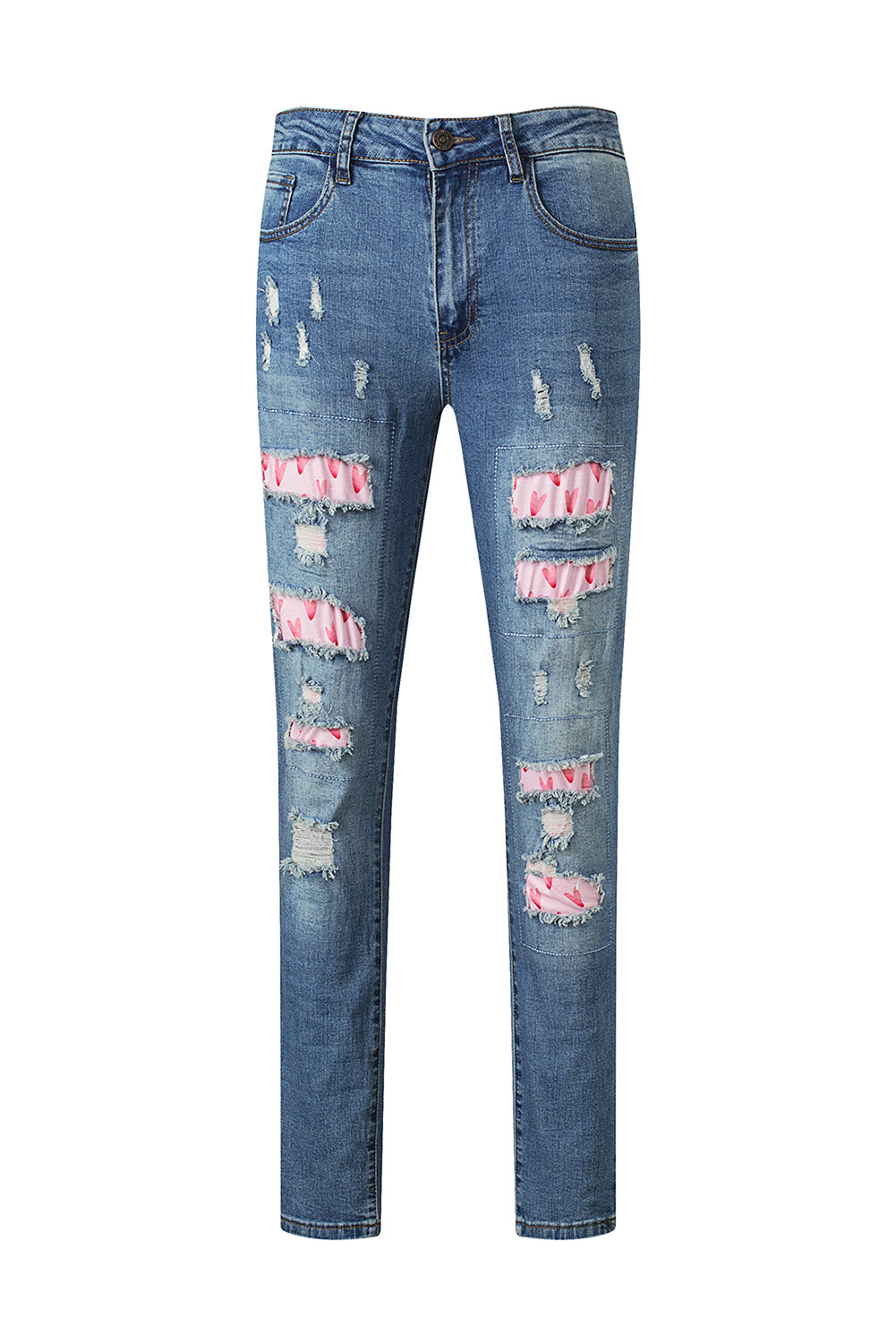 Sky Blue Valentines Day Heart Patchwork Jeans