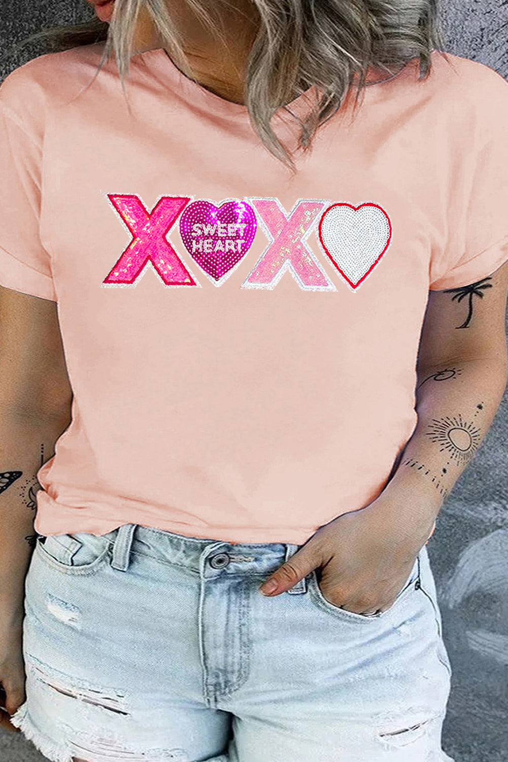 White Plus Size XOXO Heart Sequin Valentines Graphic T Shirt