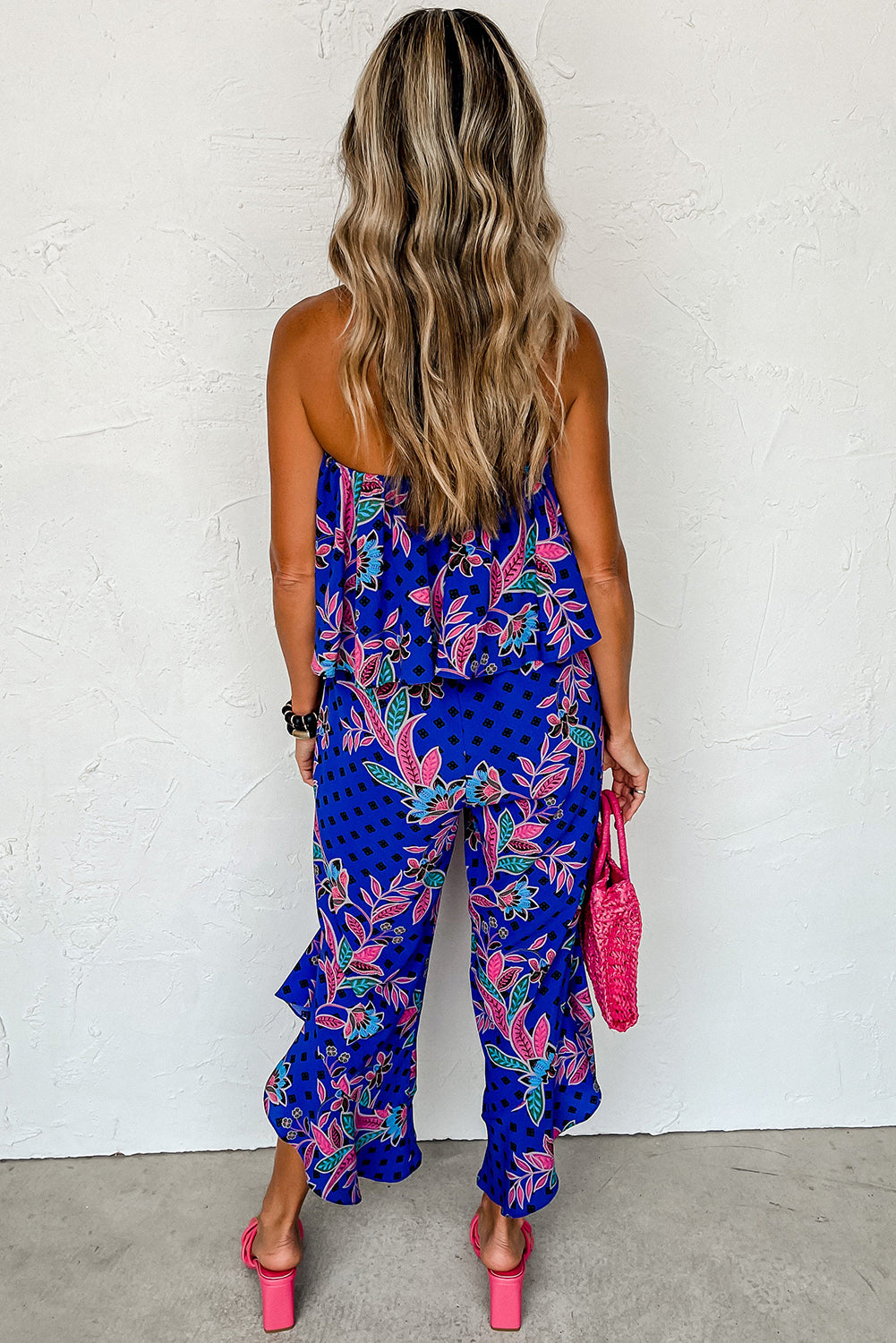 Green Mix Tropical Print Strapless Ruffled Jumpsuit