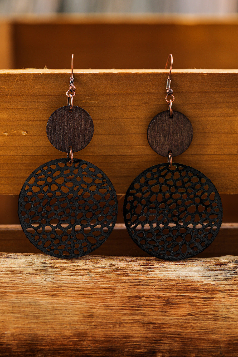 Black Hollow Out Bohemian Wooden Pendant Drop Earrings