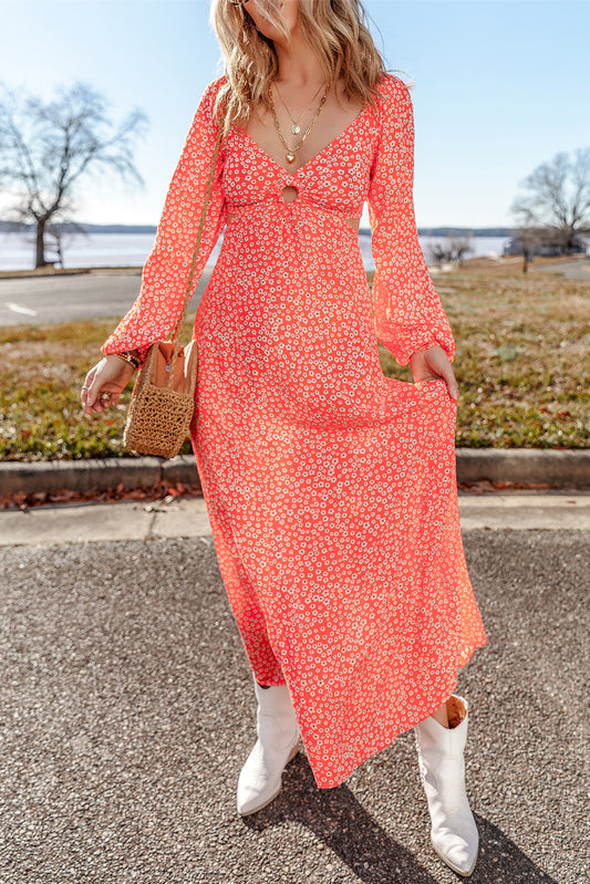 Red Floral Long Puff Sleeve V Neck Hollow Out Dress