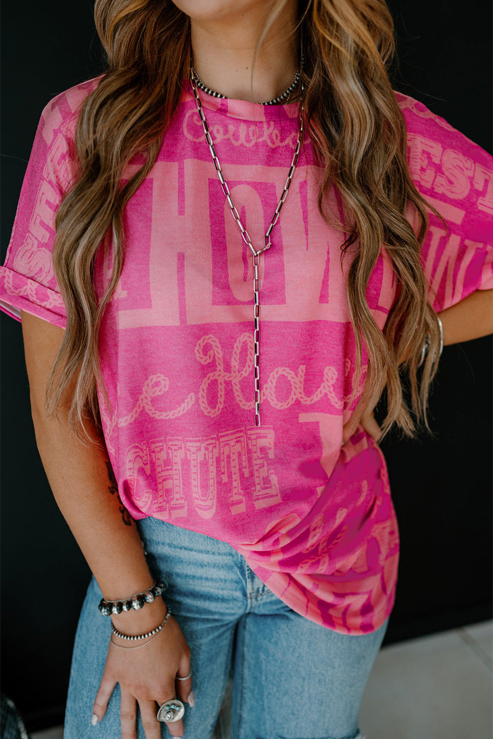 Rose Cowboy Letter Print Graphic Loose Tee