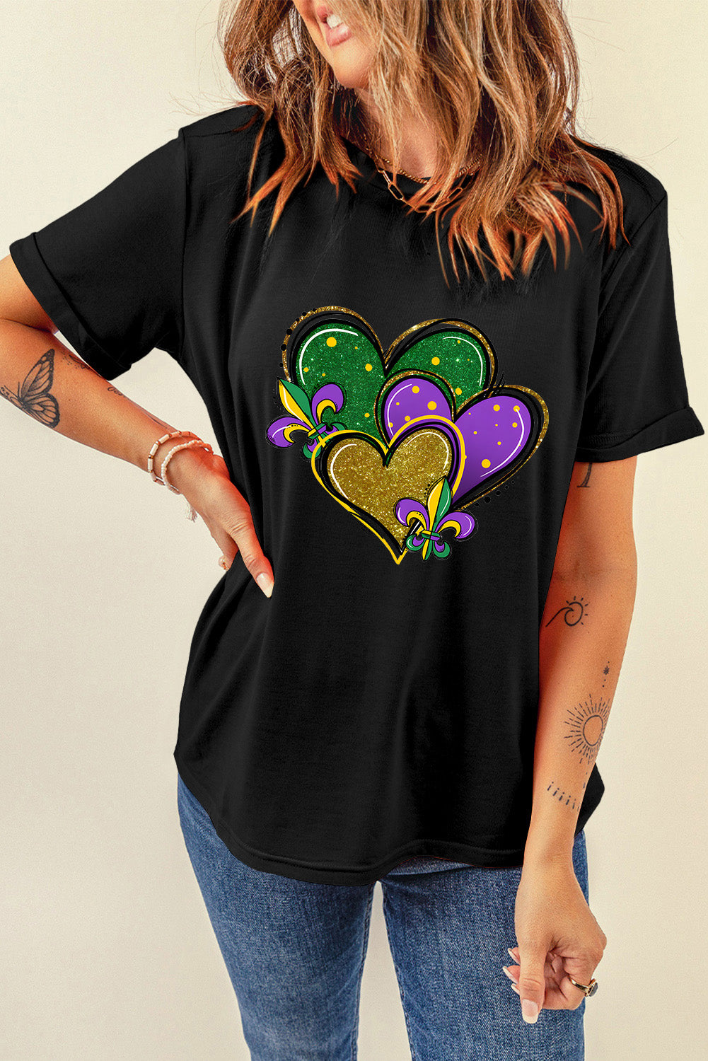 Black Fleur De Lis Heart Printed Mardi Gras T Shirt