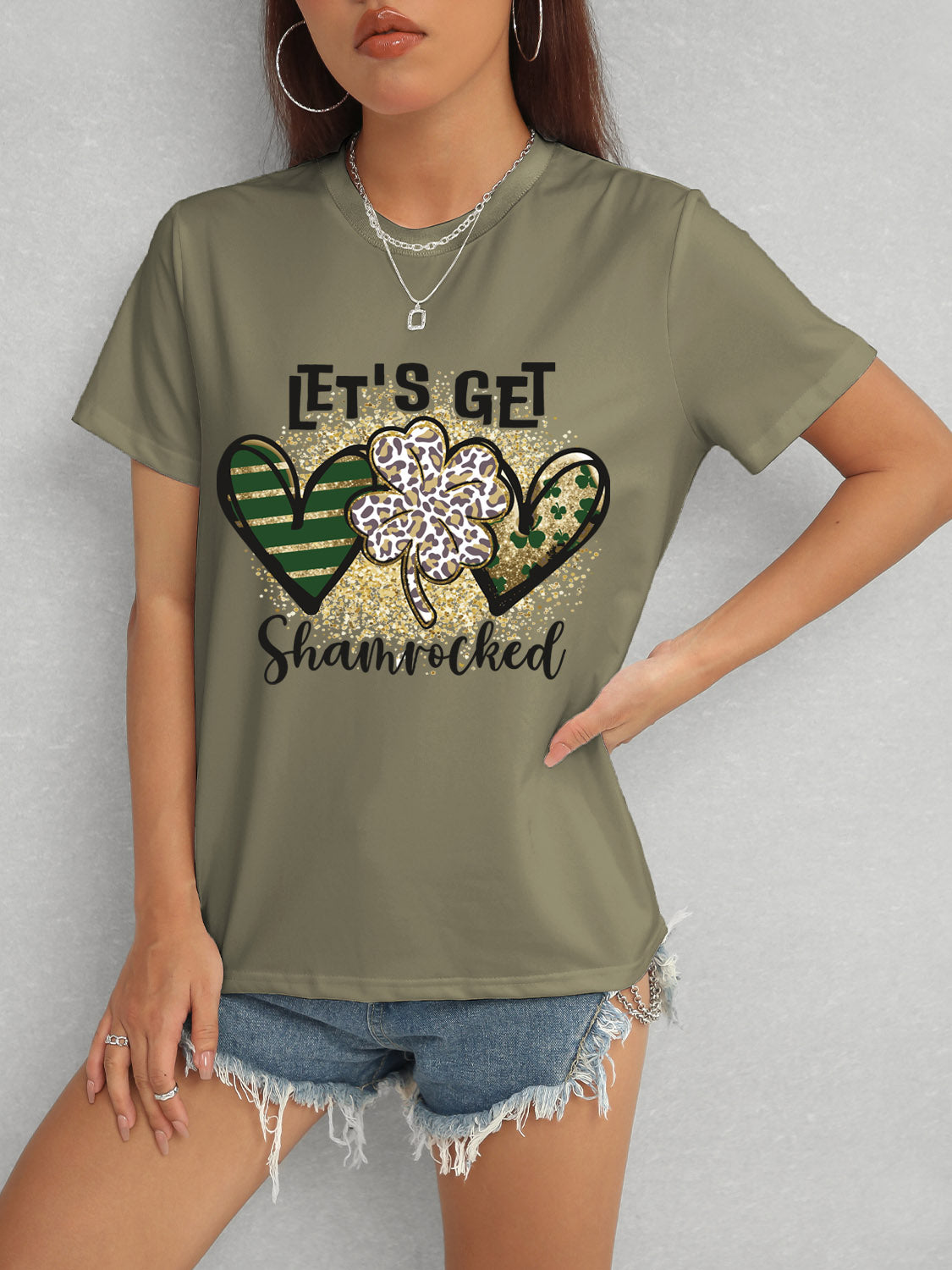 Lucky Clover Round Neck Short Sleeve T-Shirt