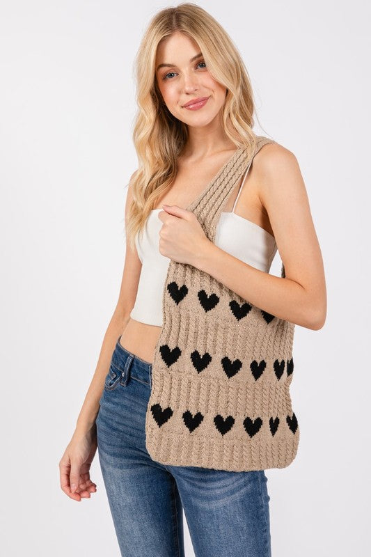 Fame Contrast Heart Crochet Tote Bag