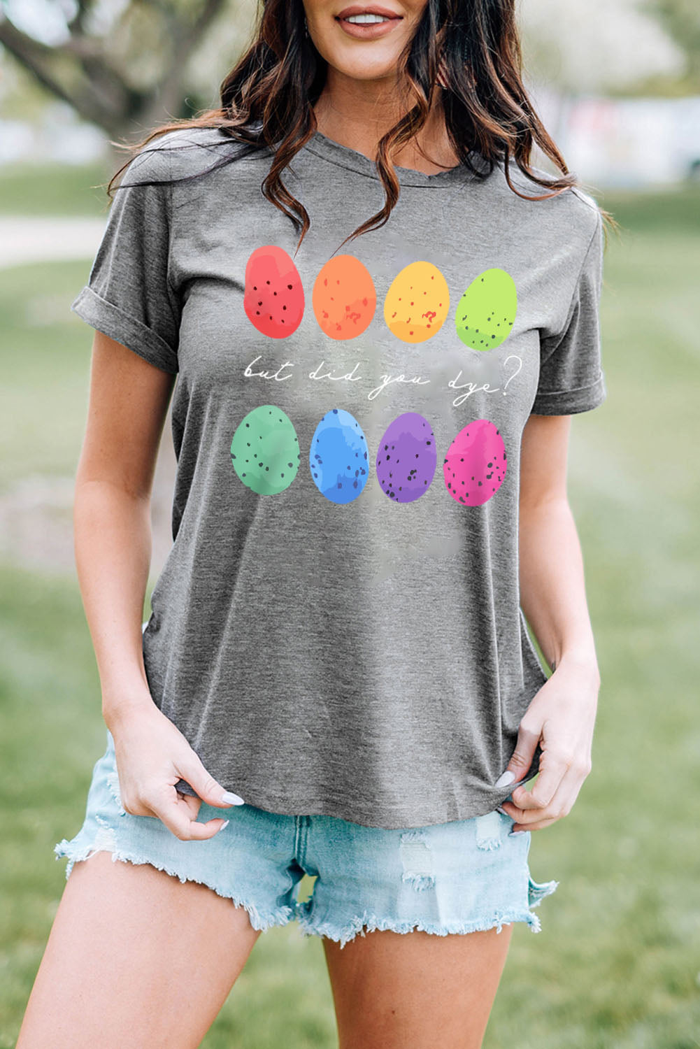 Gray Easter Eggs Print Crew Neck T Shirt