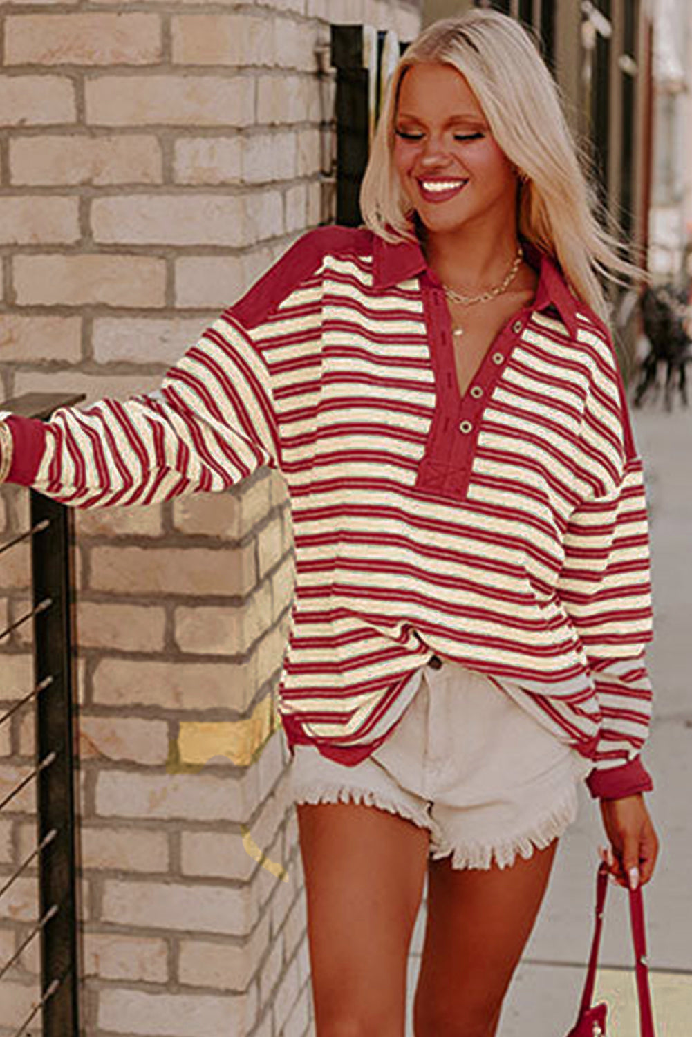 Red Stripe Collared V Neck Drop Shoulder Top