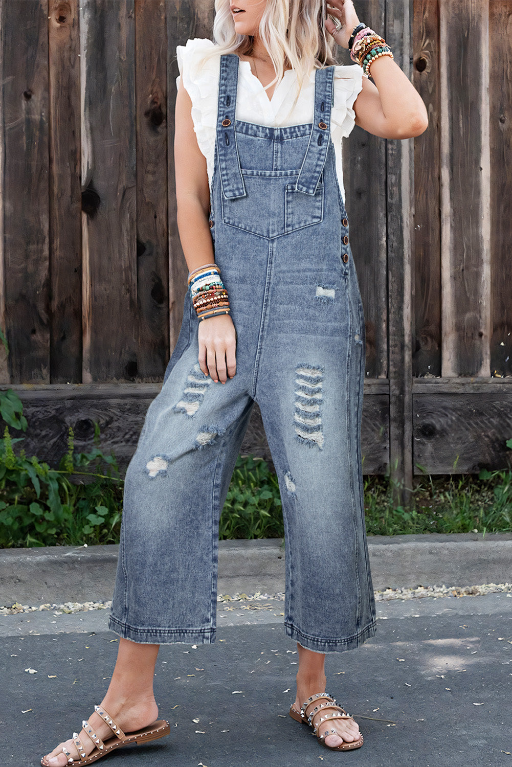 Black Distressed Bib Pocket Wide Leg Denim Overall