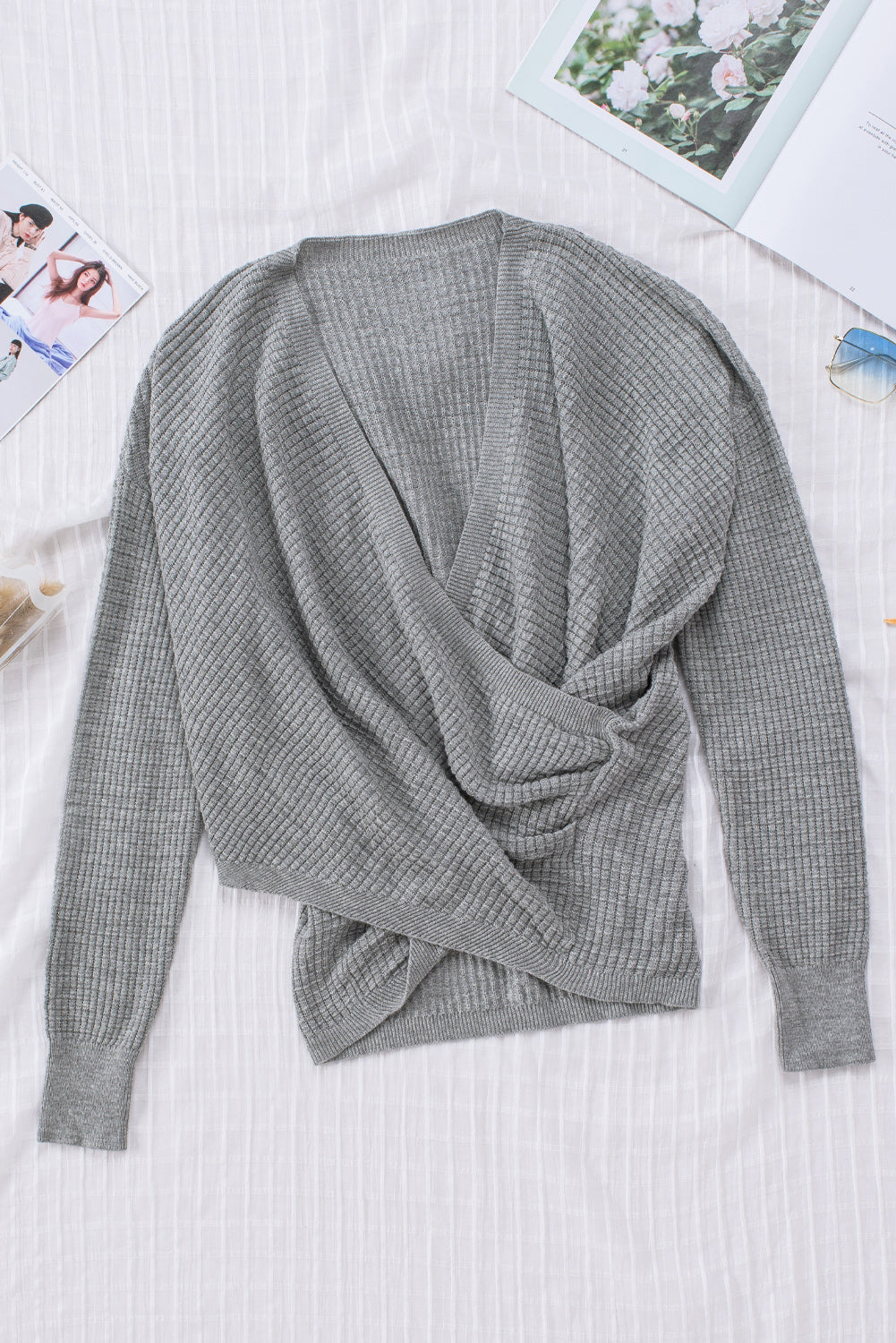 Apricot Wrap V Neck Waffle Sweater