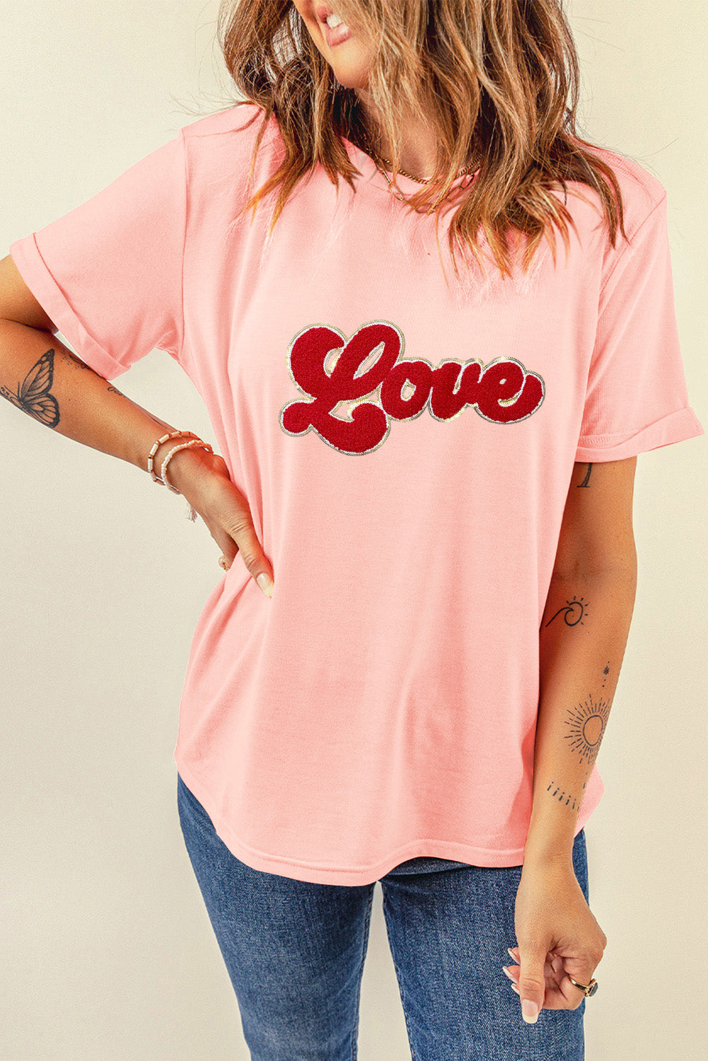 Pink Chenille Love Patched Pattern Round Neck Valentines T Shirt