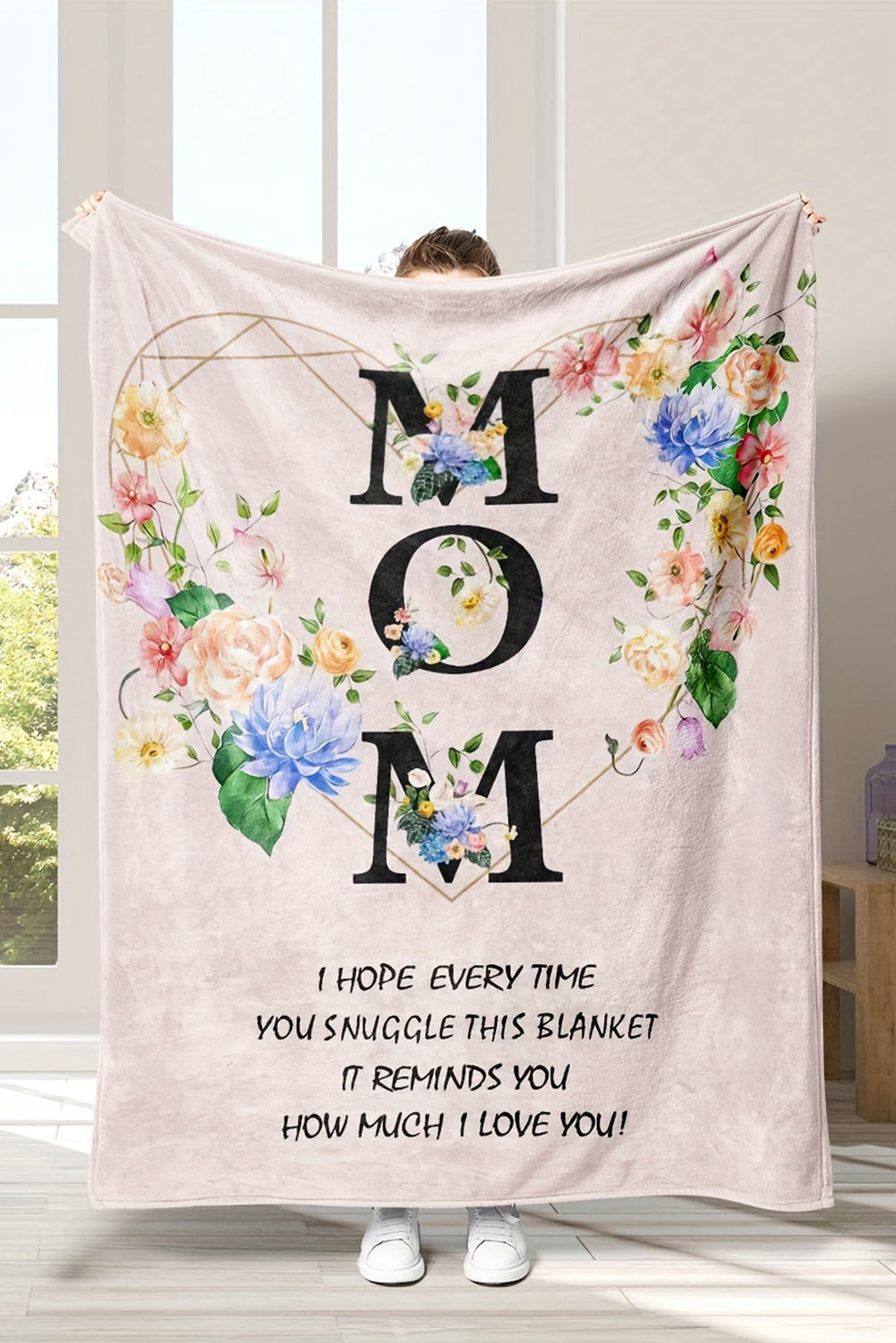 White MOM Floral Print Flannel Blanket 130*150cm