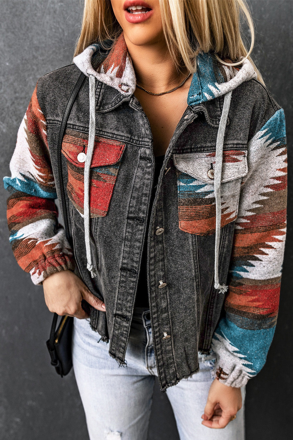 Aztec Print Frayed Hem Denim Jacket