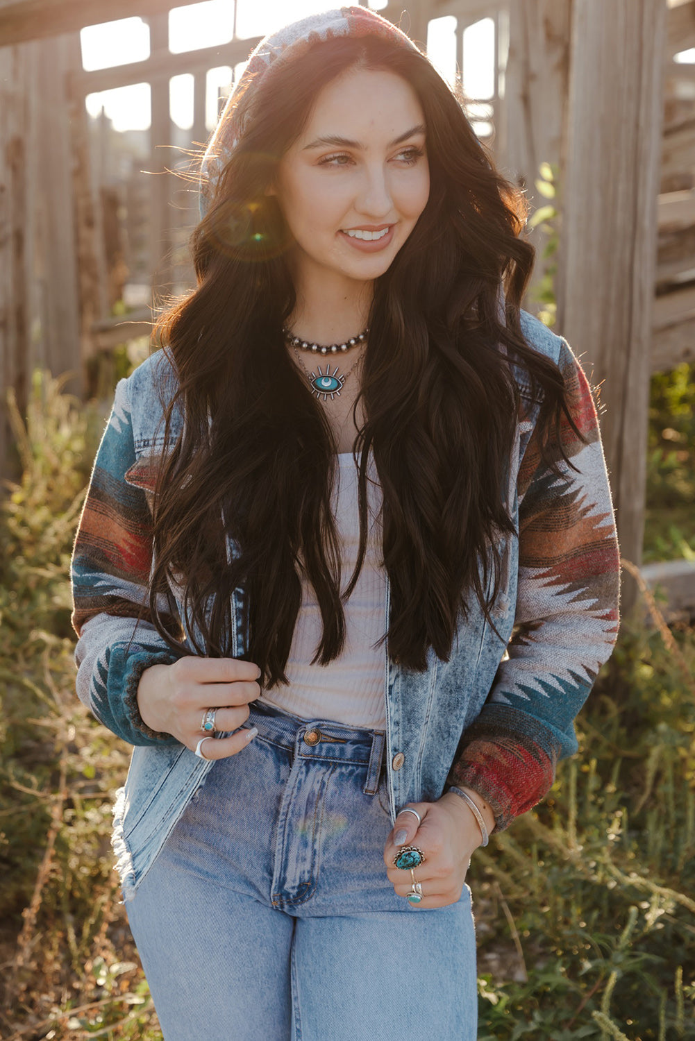 Aztec Print Frayed Hem Denim Jacket