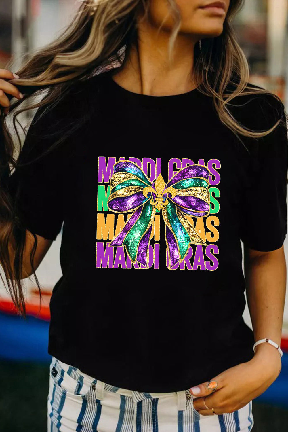 Black MARDI GRAS Bowknot Printed Crewneck Tee