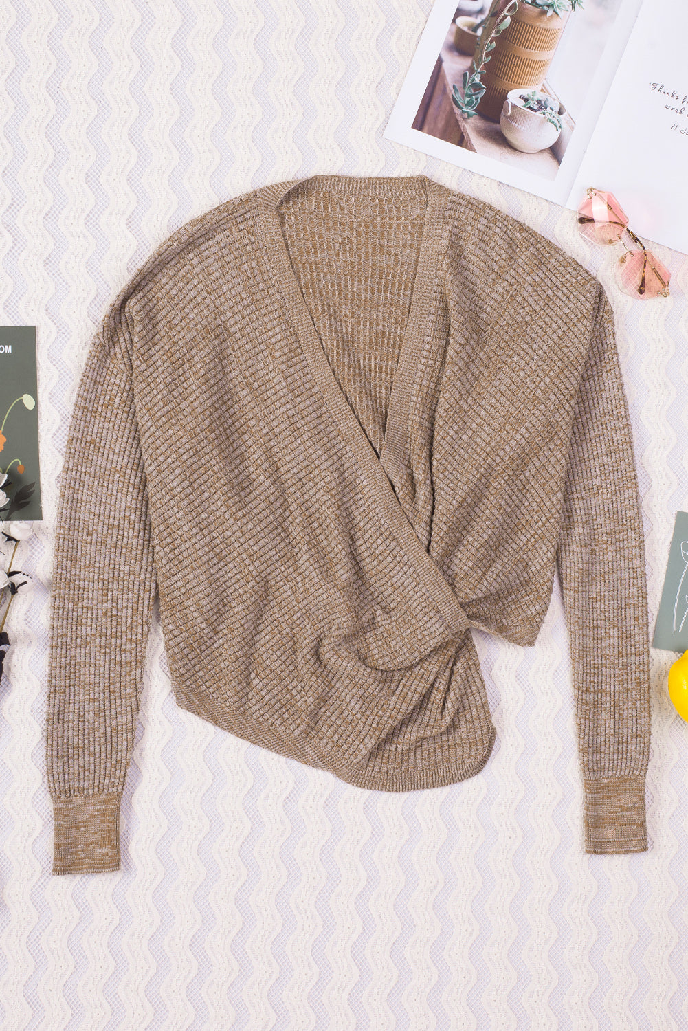 Apricot Wrap V Neck Waffle Sweater