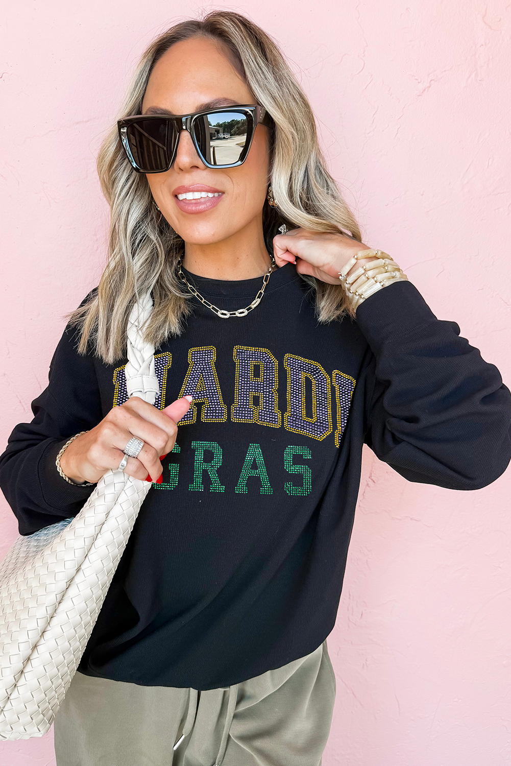 Black Rhinestone Mardi Gras Letter Graphic Drop Shoulder Sweatshirt