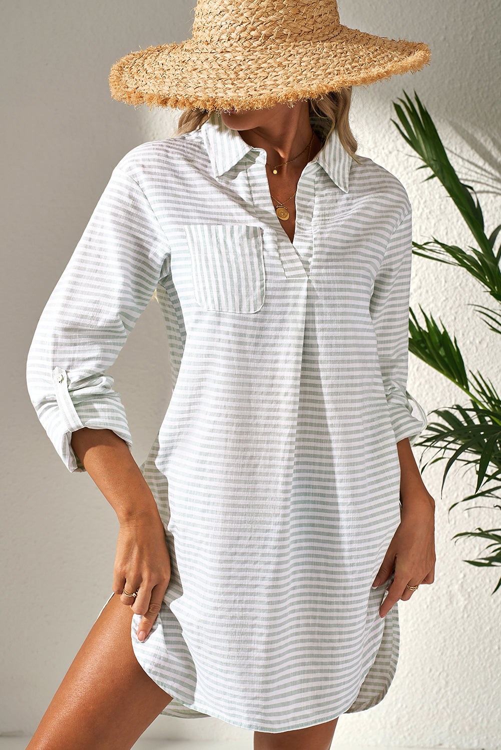 White Stripe Collared V Neck Chest Pocket Long Sleeve Beach Cover up