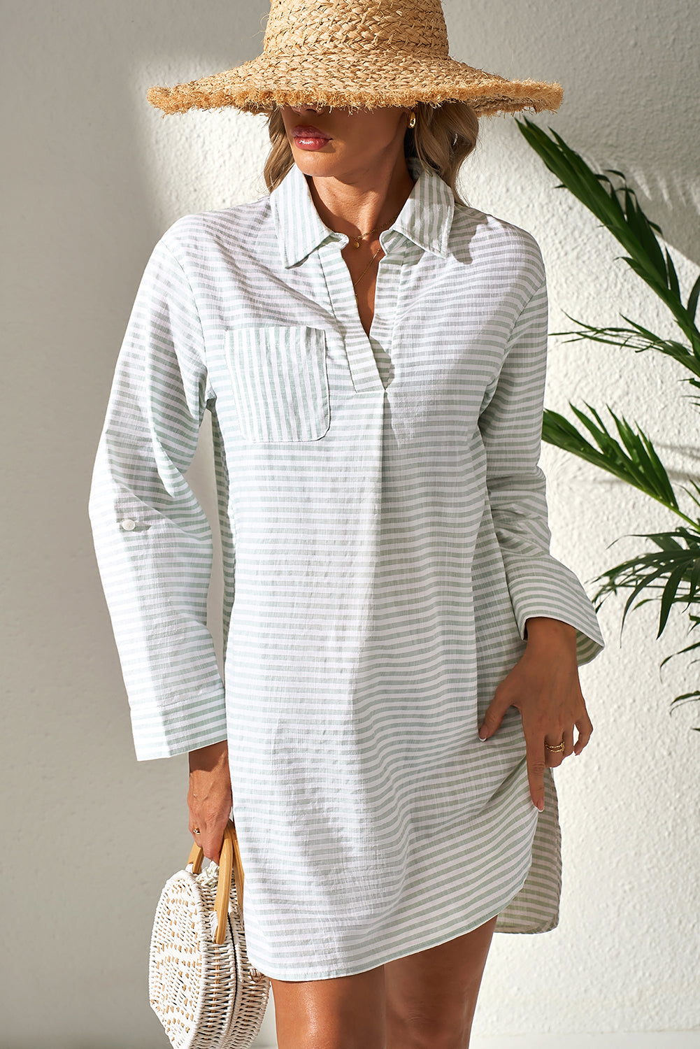 White Stripe Collared V Neck Chest Pocket Long Sleeve Beach Cover up