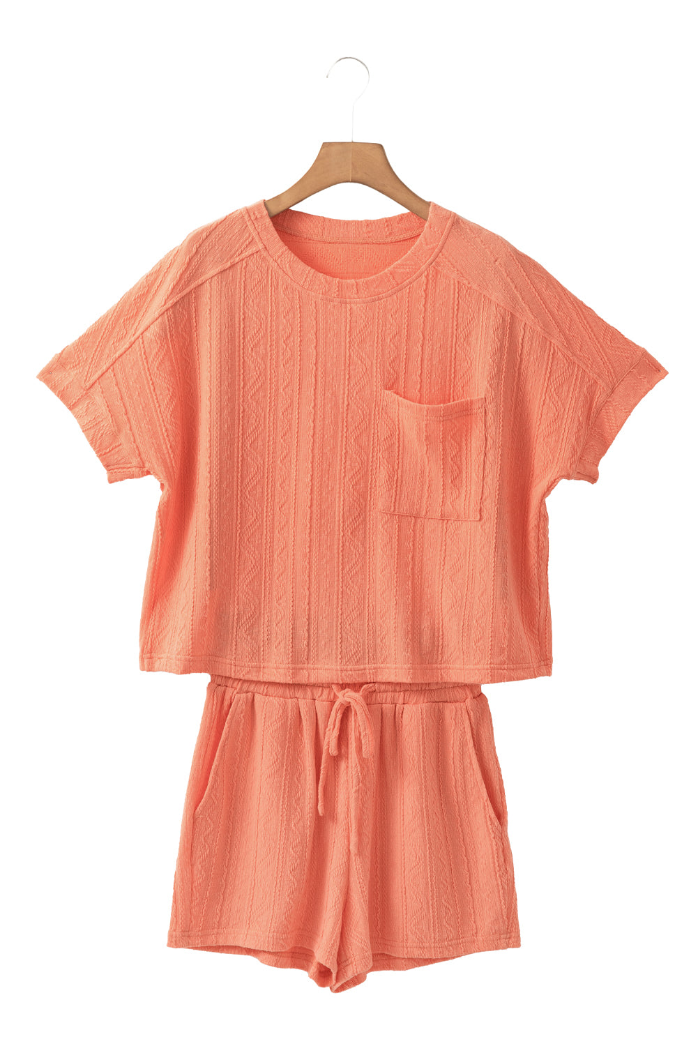 Pale Chestnut Textured Patched Pocket Short Sleeve Top and Drawstring Shorts Set