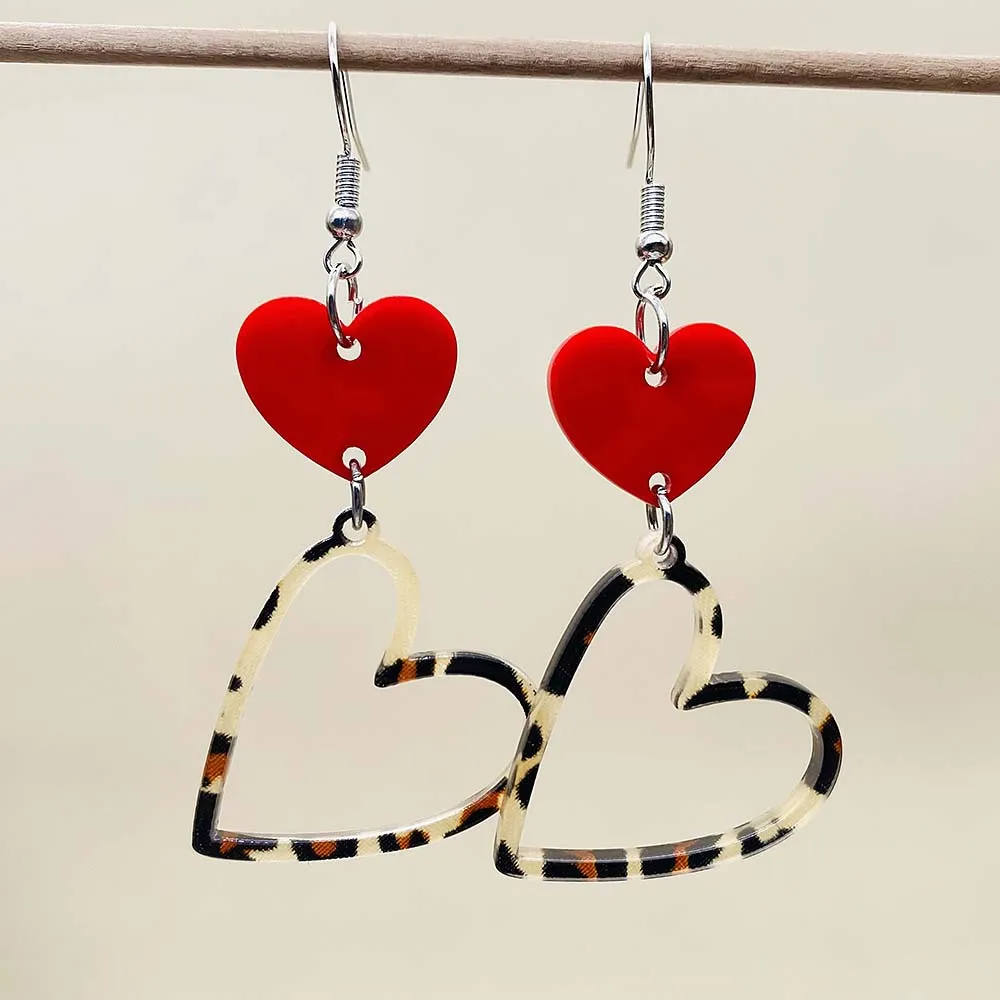 Valentine Day Fashion Leopard Heart-Shaped Acrylic Earrings